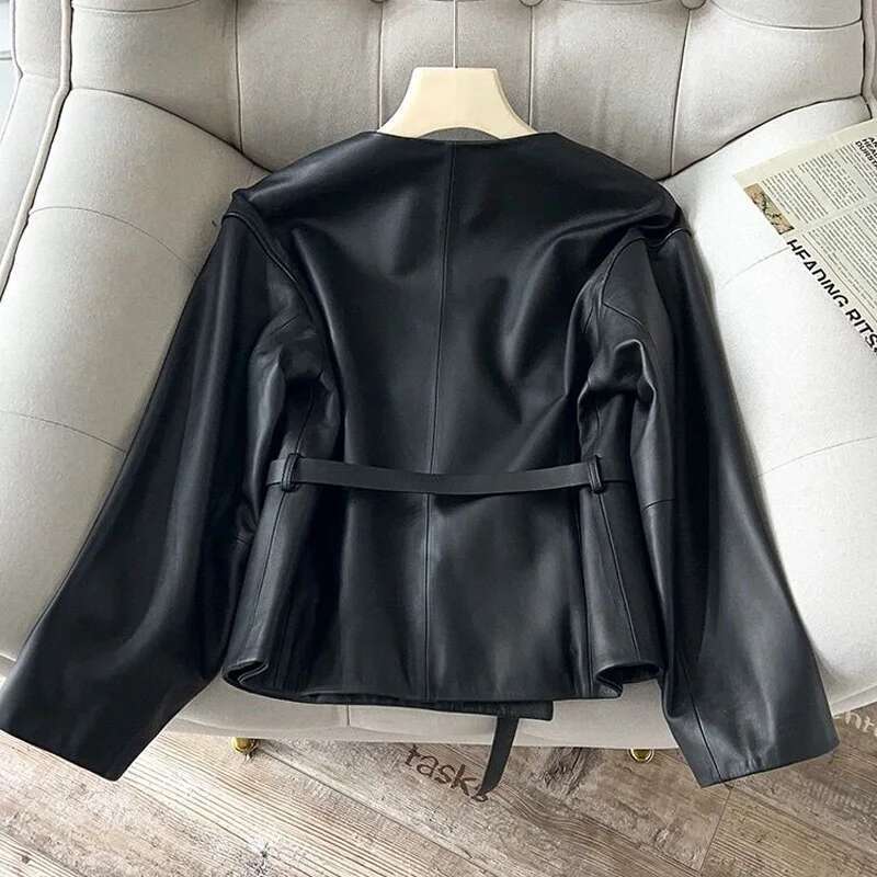2023 Spring Women Clothing Elegant Female Genuine Leather Coat V- Neck Belt Jackets Streetwear Black Office Lady