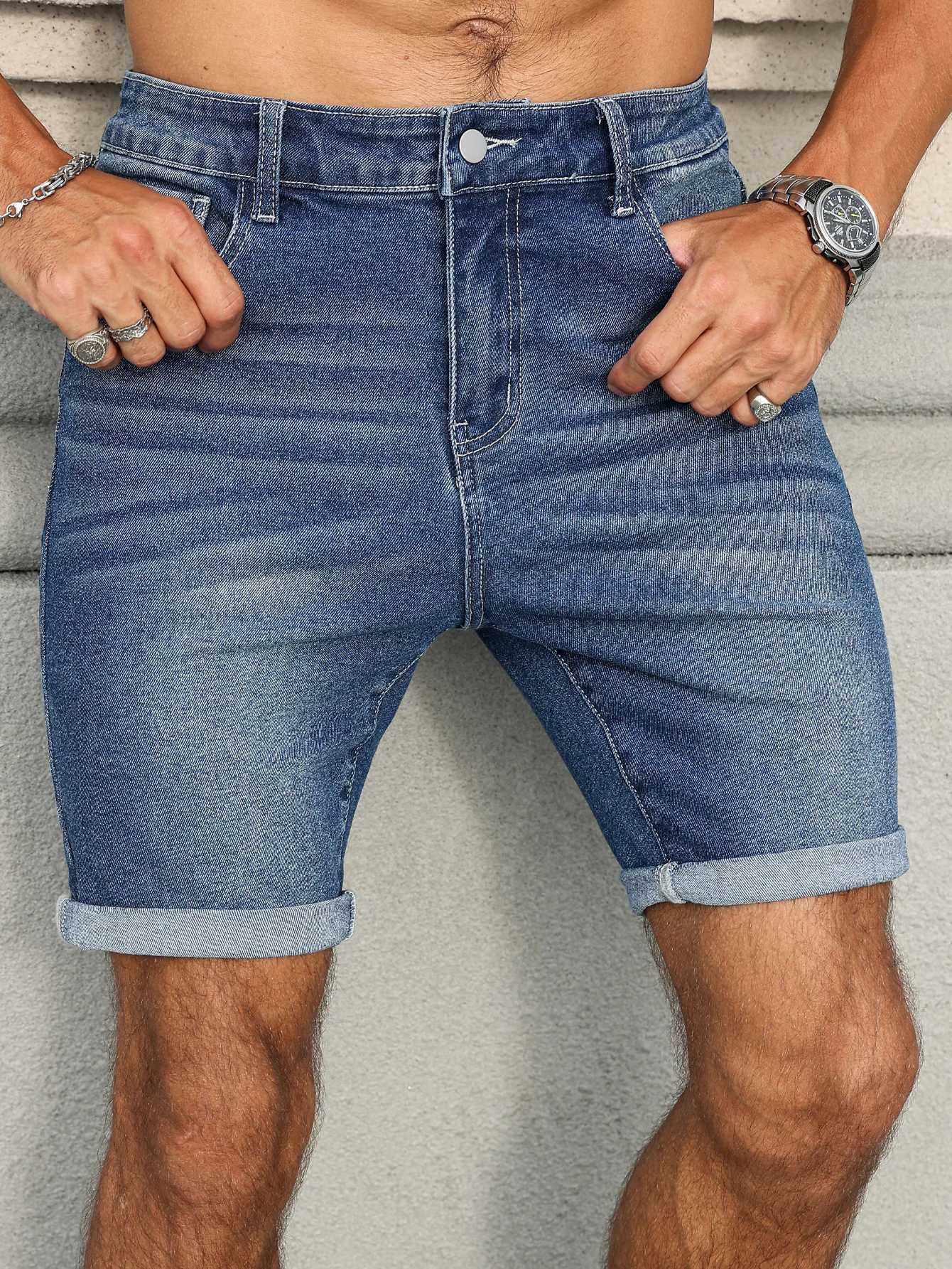 Mens Summer Denim Shorts with a Blue Retro Texture. The style is simple casual and street-style. T250603