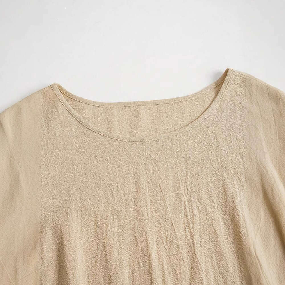Spring Summer Loose Pocket Solid Color Round Neck Women's Cotton Linen Dress B5 b6