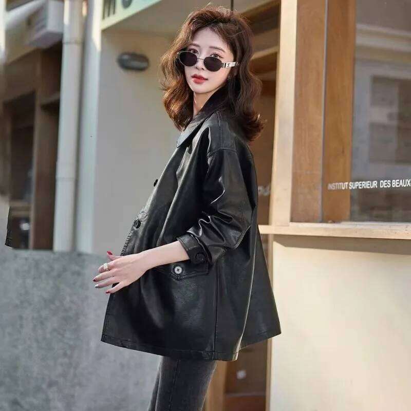 Early Spring New Korean Style Fashion Mid-Length Women's Coat Female Loose Pure Color All-Matching Leather Jacket 2025