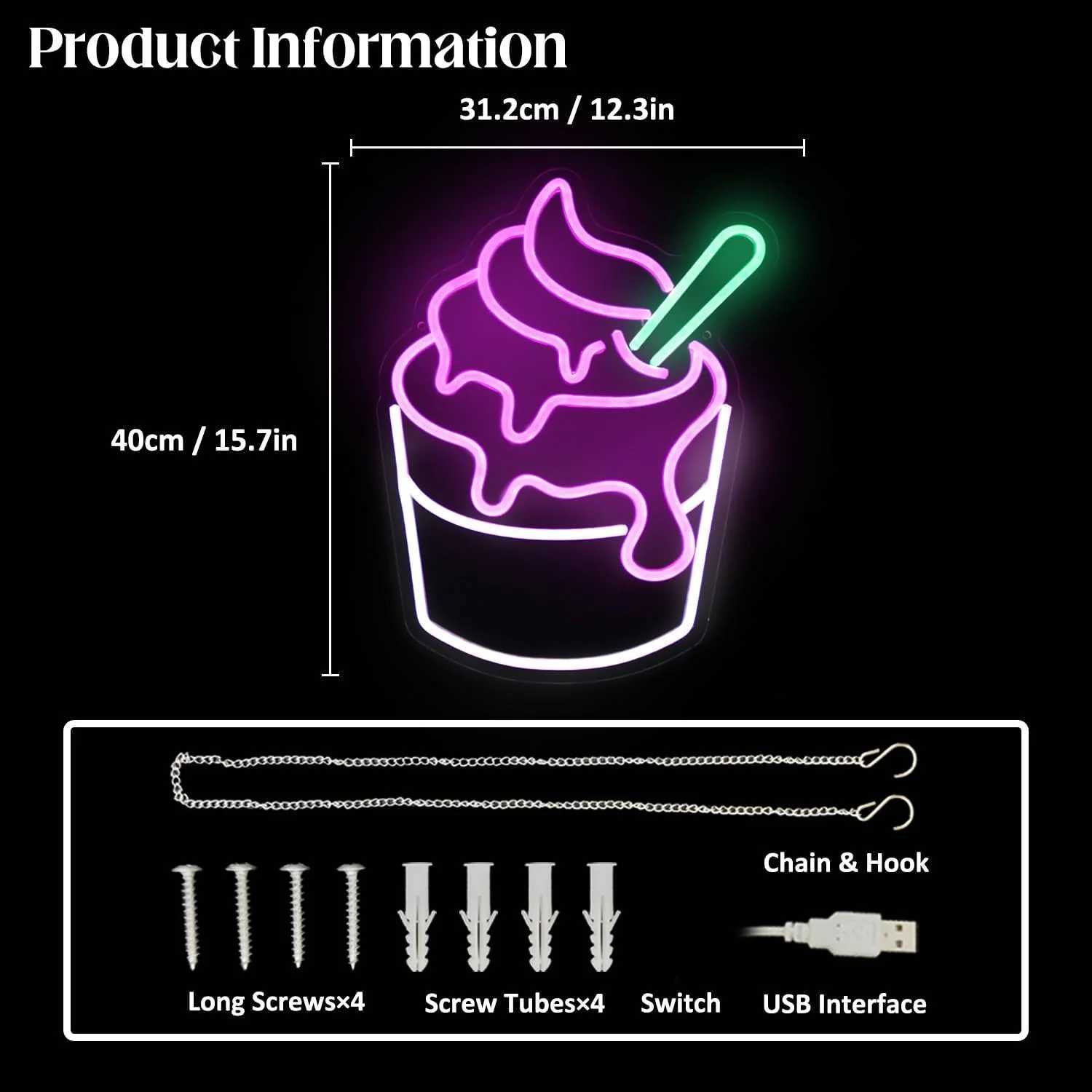Ice Cream Neon Sign USB Powered Dimmable Neon Light For Wall Decor Bedroom Decor Party Birthday Handmade Art Gift Dessert Shop XJ250602