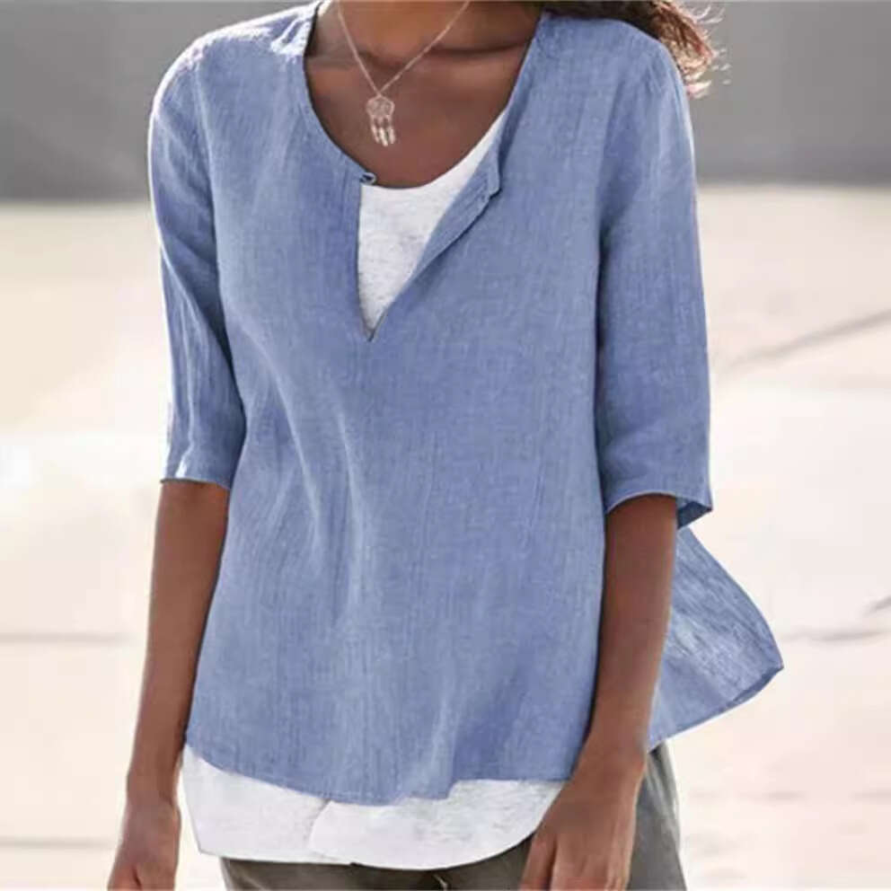 Spring Summer V-Neck Solid Color Cotton Linen Plus Size Mid-Sleeve Women's Shirt B5