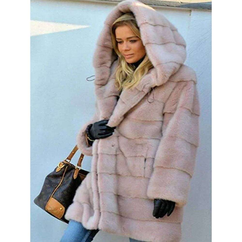 2025Medium Length Solid Color Loose Plush Hoodie Warm Coat Autumn and Faux Fur Winter Jacket Women's Large
