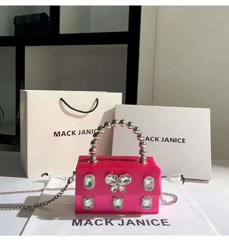 Hot Pink Satin Square Box Beaded Handle Women Handbag Crystal Shiny Dia Evening Wedding Party Clutch Purse Crossbody Bag