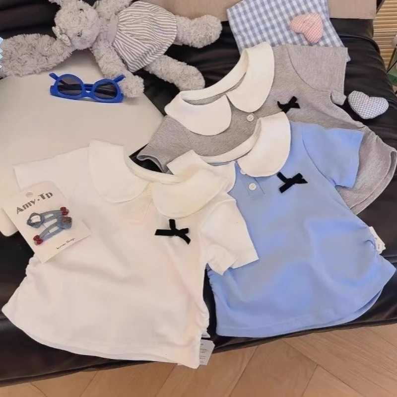 1-10Y Childrens Shirt Pure Cotton Korean Doll Collar Short Sleeved Tops 2025 Spring Summer New Item Baby Girl Bow Base T-shirt T250603
