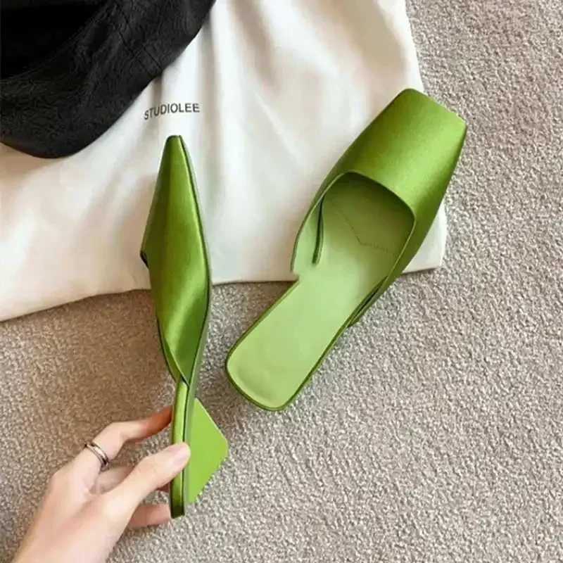 Satin Sandals Women Summer Sexy Square Head Strange Low Heel Slide Sandals Chunky Heel Elegant Design Mule Slippers Women M250603