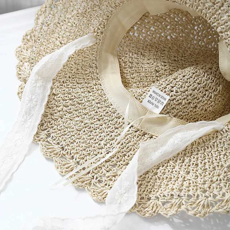 Womens Lace Bow Straw Hat Summer Sun Protection Wide Brim Beach Bucket Hat For Outdoor Travel Casual Adjustable Foldable New W250602