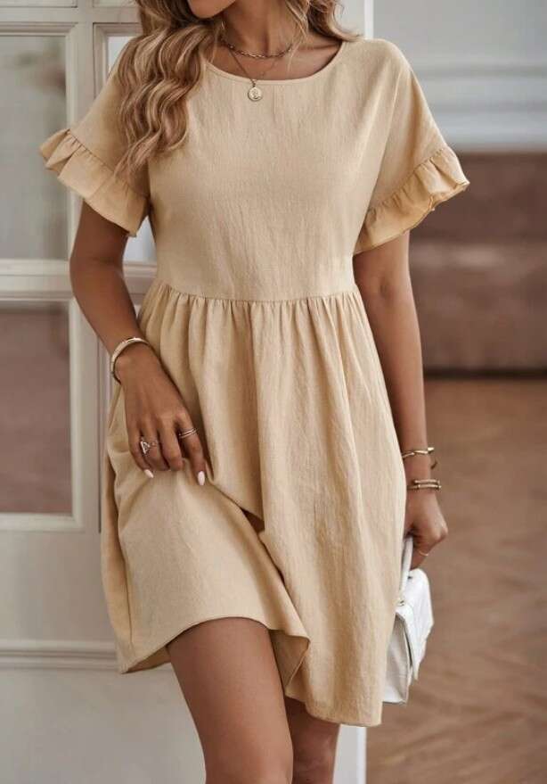 Women's New Fashion Elegant Round Neck Loose Cotton Linen Dress B5