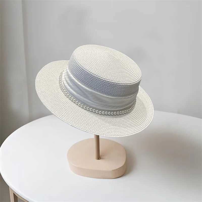Women Summer Straw Hat Decorative Pearl Wide Brim Flat Top Hat Bucket Hats UV Protection Beach Holiday Sun Cap W250602