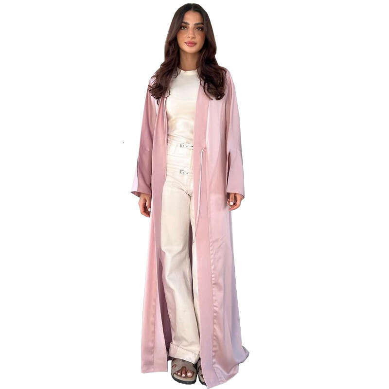 Mq122 Muslim Fashion Satin Soft Dress Open Front Outerwear Abaya Solid Color B5
