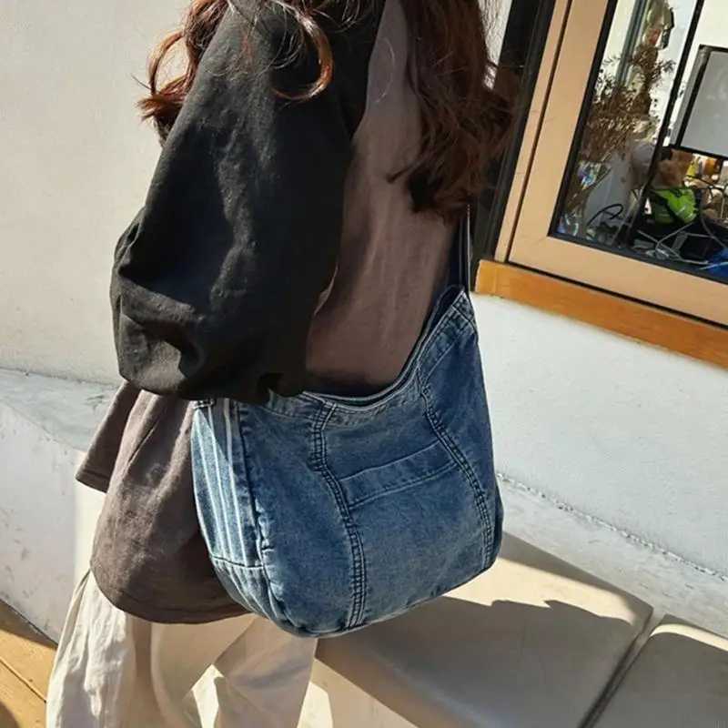 4XFF Vintage Washed Denim Shoulder Bag Large Capacity Jean Crossbody Bag W250602