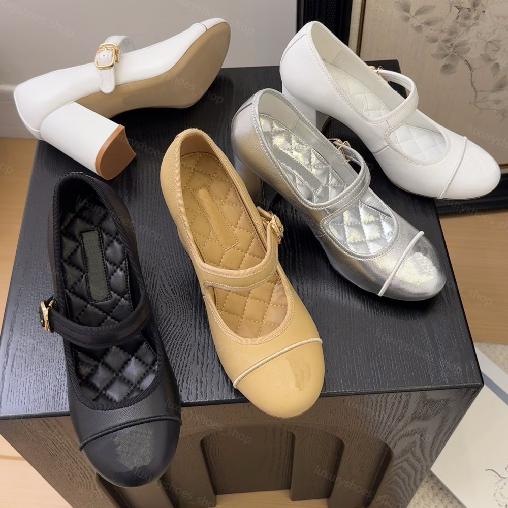 mary jane heels Dress Shoes Designer ballet heels Shoes with strap buckle Genuine Baise Leather Round toe Mary Jane shoes casual Shoes Top quality Luxury heels 35-41
