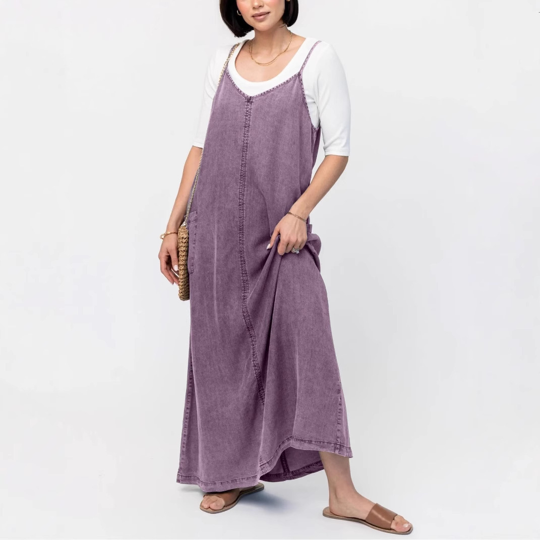 women's wear 2025 New Simple Thin Loose Long Solid Color Washed Strap Casual Denim Dress
