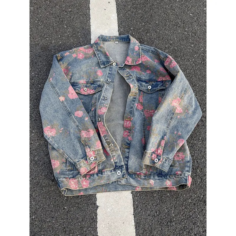Rose Print Denim Jackets for Men Women Vintage Jeans Coats Gothic Oversized Mens Casual Clothes 250603