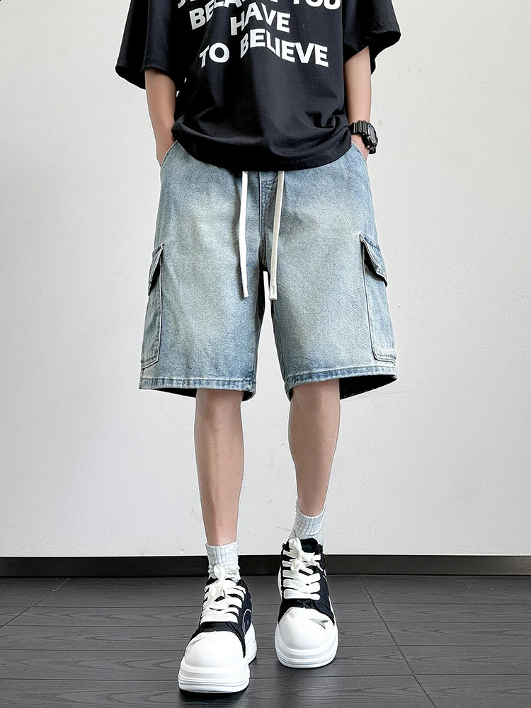 Summer Denim Shorts Men Korean Fashion Wide Leg Straight Jean Short Male MultiPocket Loose Fit Cargo 250529Z