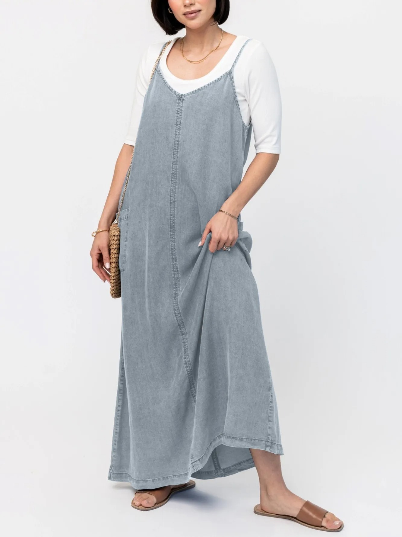 women's wear 2025 New Simple Thin Loose Long Solid Color Washed Strap Casual Denim Dress