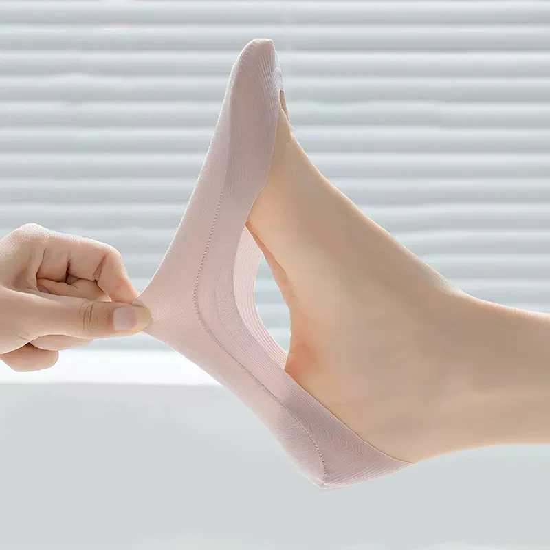 5pairs Non-slip Invisible Socks Slippers Seamless Ice Silk Boat Socks Summer Thin Solid Casual Breathable Low Cut Socks WomenT250602