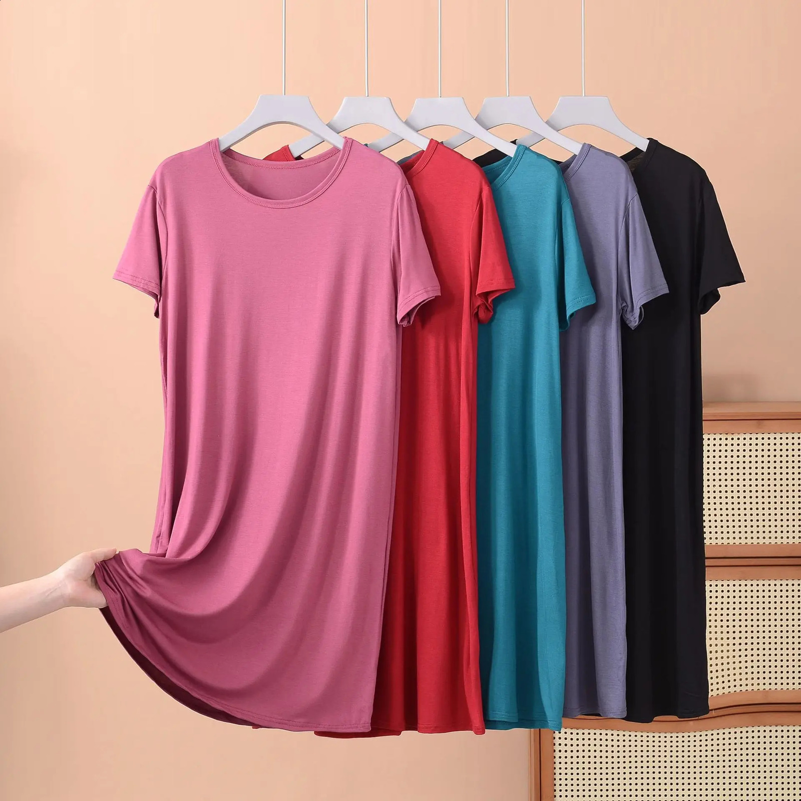 Plus size XL to 8XL Modal dress short sleeves summer womens cool dresses Solid color Bottomed sleepdress midlength homewear 250526