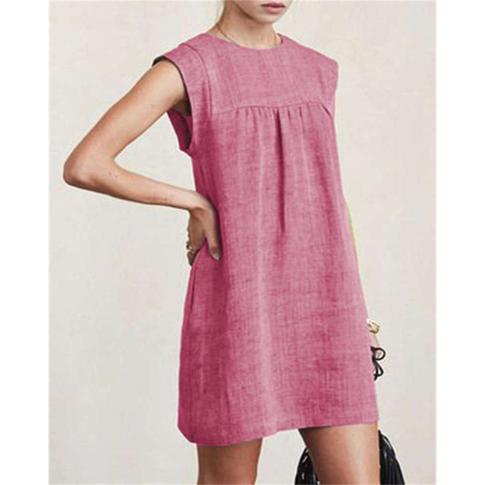 Fashion New Summer Loose Women's Casual Cotton Linen Solid Color Dress B5 b9