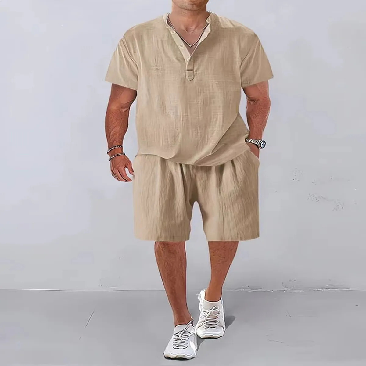 Fashion Men Sets 2025 Summer Mens Solid Color Stand Collar Linen Outfits Short Sleeve Polo ShirtShorts 2 Pieces Casual Suit 250530