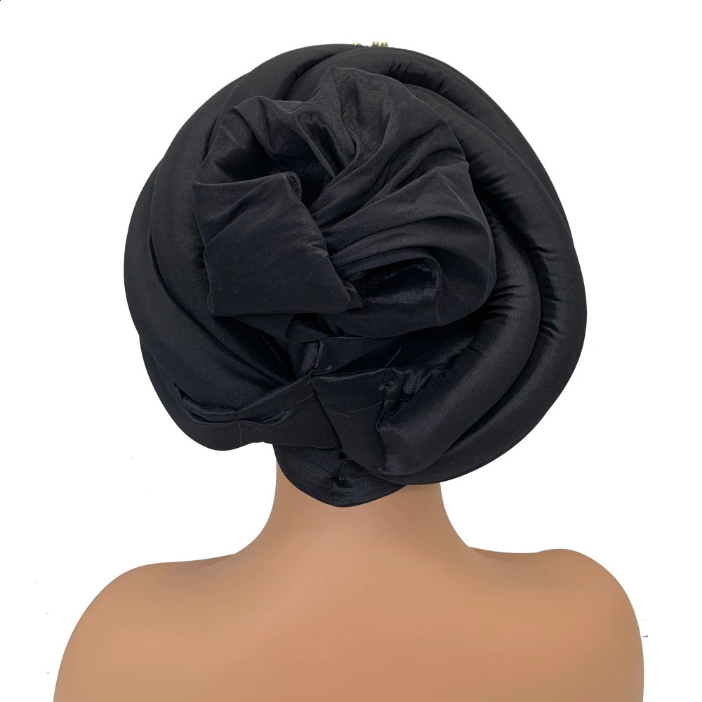 Twisted Braid Turban Cap for Women African Lady Head Wraps Diamonds Nigeria Raw Silk Autogele Headtie Muslim Hat Party Headwear 250530