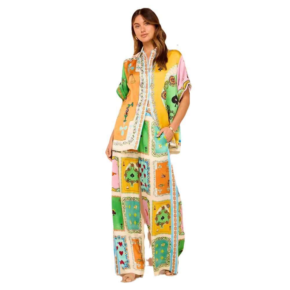 Women's Fashion New Printed Elastic Waist Pocket Wide Leg Pants Casual Set For Summer B5