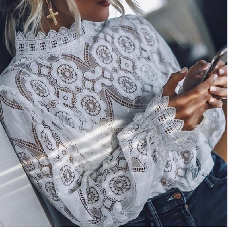 women's wear 2020 Women's Spring Summer New Sexy Sheer Long Sleeve Stand Collar Lace Top