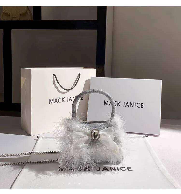 Glitter Shiny Dias Evening Fashion Ostrich Hair Square Women's Handbag Wedding Party Clutch Purse Crossbody Bag