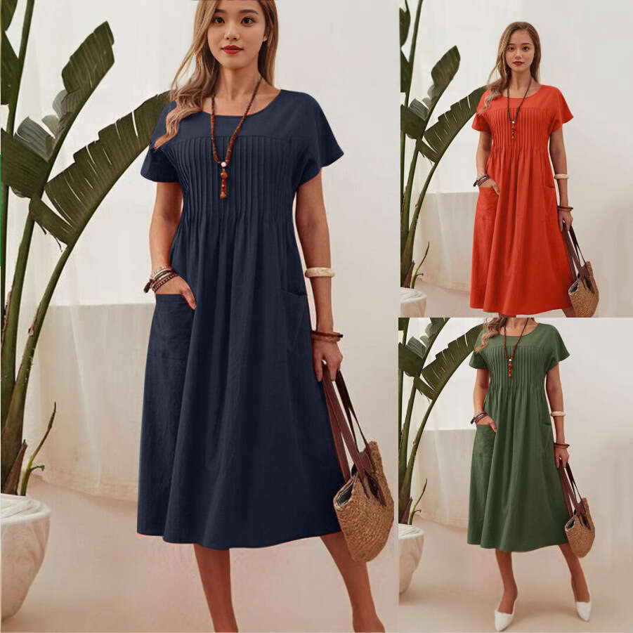 Women's Long New Solid Color Round Neck Pocket Pleated Short Sleeve Cotton Linen Dress B5