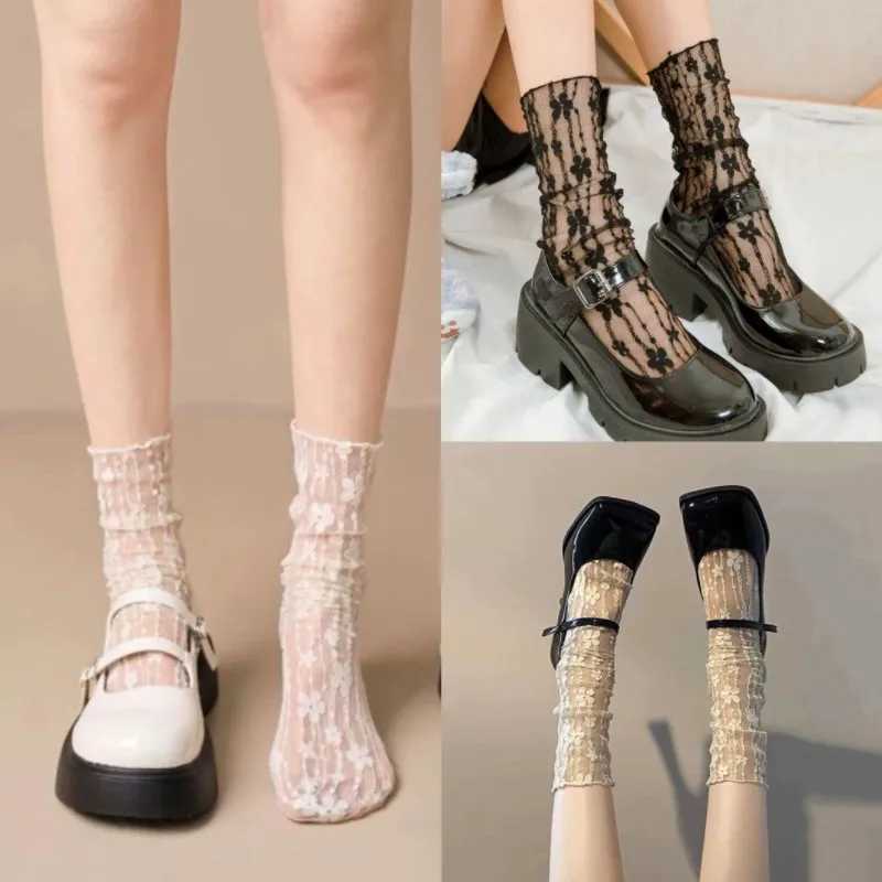 3 Pairs Women Floral Patterned Lace Round Neck Socks Fashionable Paired Summer Sweet Style Comfortable Breathable Casual SocksT250602