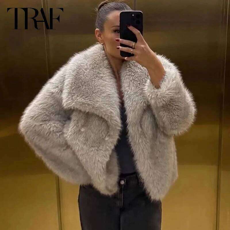 TRAF Womens Winter Cropped Faux Fur Coat Women Autumn Long Sleeve Fluffy Black Jacket Outerwears Warm Plush Short Coats
