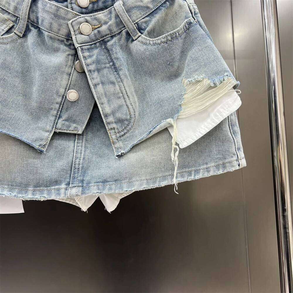 Chic Fake Two Piece Ripped Denim Skirt Street Fashion Pockets Single Breast A Line Mini Skirts Summer All Match Female Clothing