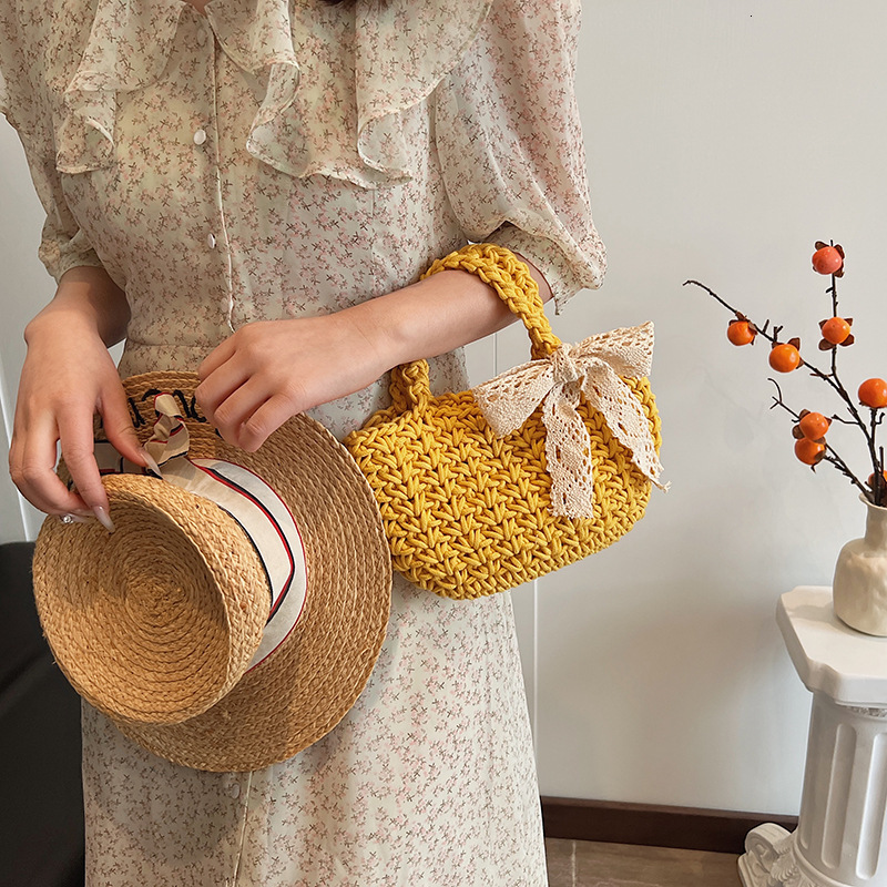 designer Summer Straw Woven Bag for Women, Stylish Bowknot Handheld Bucket Bag, Trendy Fashion Scarf Beach Vacation Woven Bag