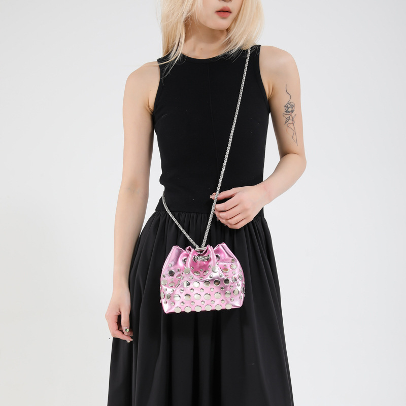 designer casual bag Trend Drawstring Bucket Bag for Women 2025 New Rivet Commuter Shoulder Bag High-End Versatile Crossbody Bag