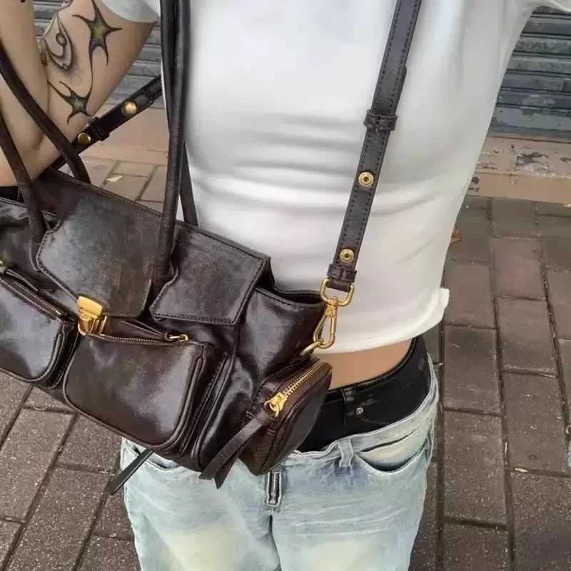Brand Multi-pocket Motorcycle Bag High-end Retro Luxury Underarm Bag Fashion Versatile Girl Handbag Spaghetti Strap Shoulder Bag W250602