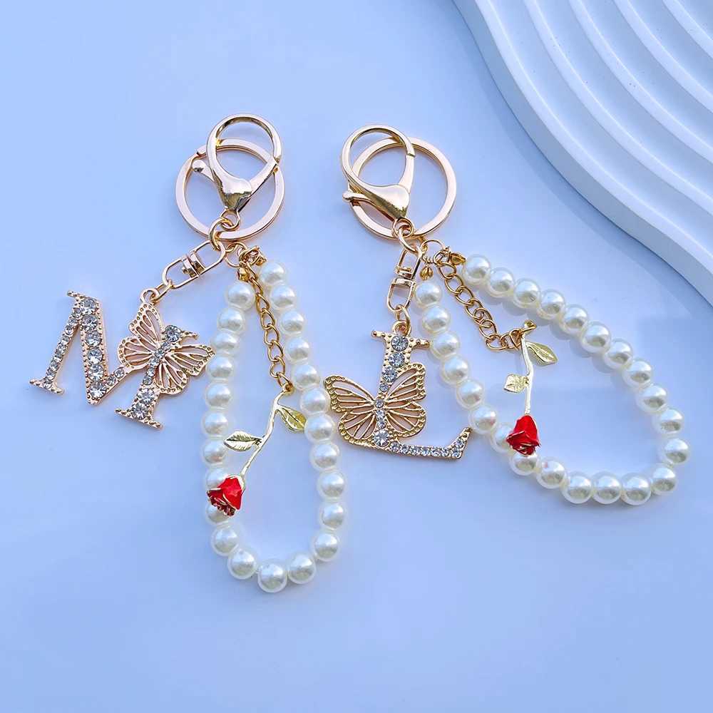 Exquisite Initial A-Z 26 Butterfly Capital Letters Red Rose Keyring Crystal Resin Pearl Beaded Keychain Bag Pendant Women Gift XJ250602