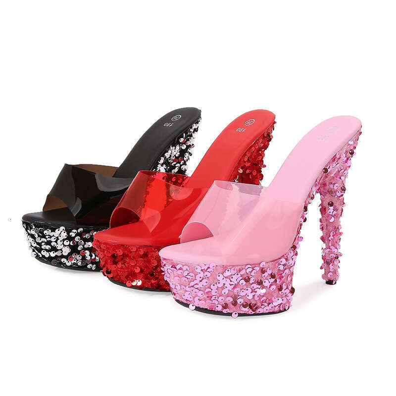 Super High Heels 8662-1 Autumn Nightclub Sexy Women's Shoes Waterproof Platform Roman Peep Toe Elegant Super High Heel Slippers Platform High Hee