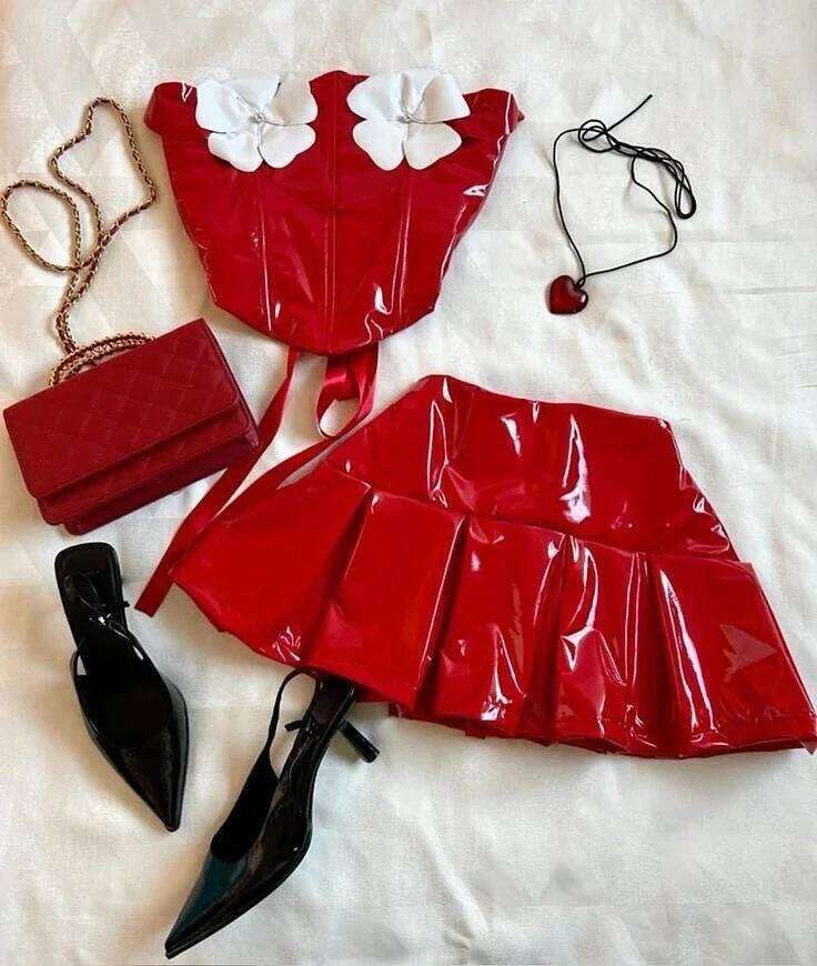 Haruku Black Y2k Mini Skirt Denim Splicing Leather Two Piece Sets Women Outfits Sexy Girl Gothic Camisole Tops Streetwear