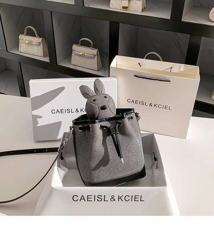 High Quality Fashion Solid Color Canvas String Bucket Cute Rabbit Doll Women Handbag Lady Purse Shoulder Messenger Bag