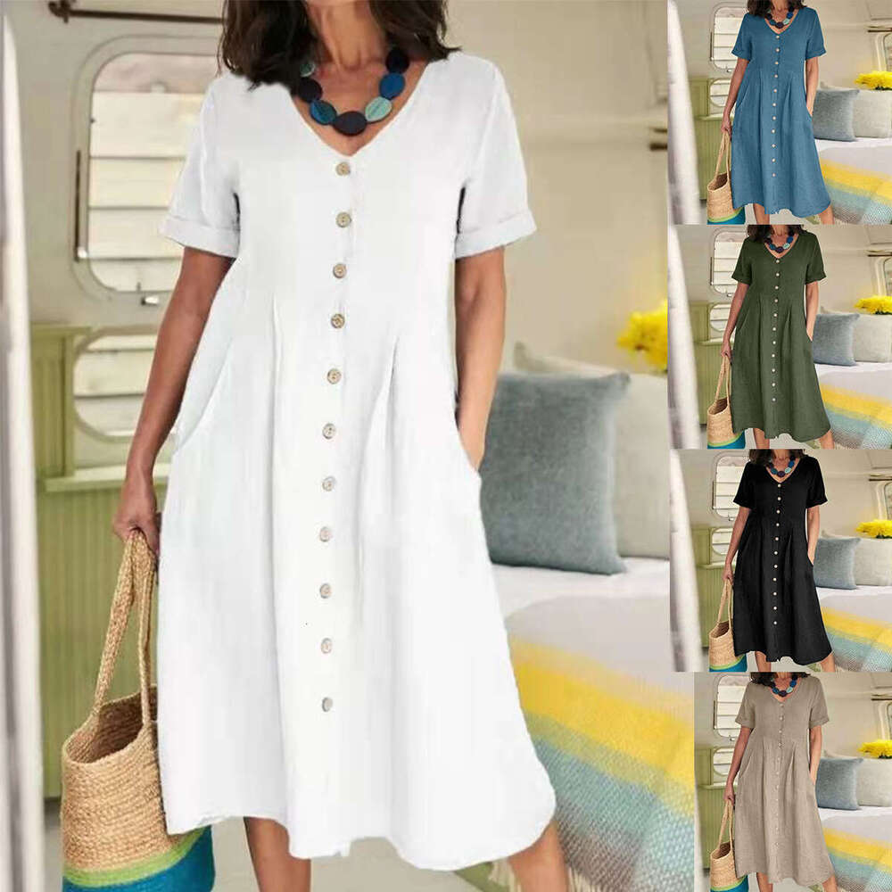 Spring/Summer New Solid Color Loose High-Waisted Cotton Linen Dress B5