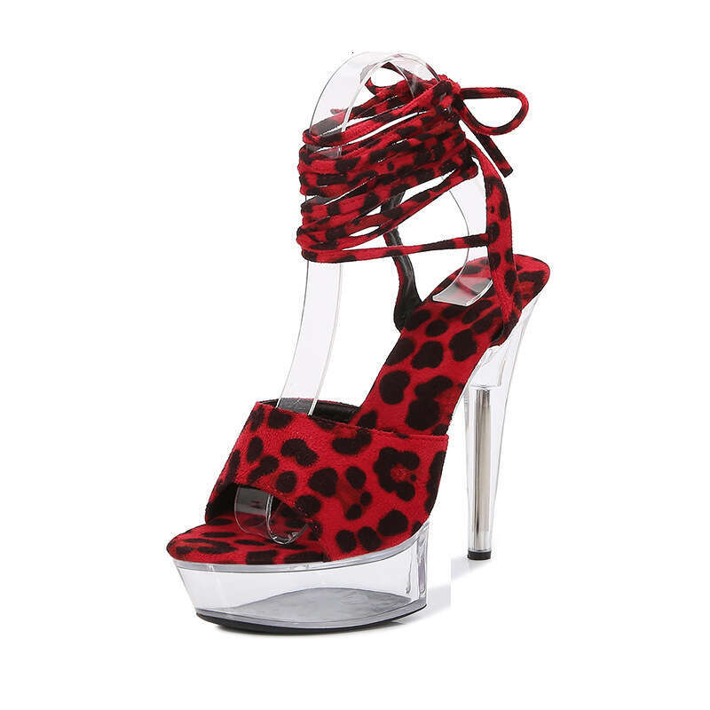 Super High Heels Leopard Print Sexy Peep Toe Lace-Up Sandals 13Cm 15Cm Ultra Thin Heel Waterproof Platform Transparent Crystal High Heels Platform Hig
