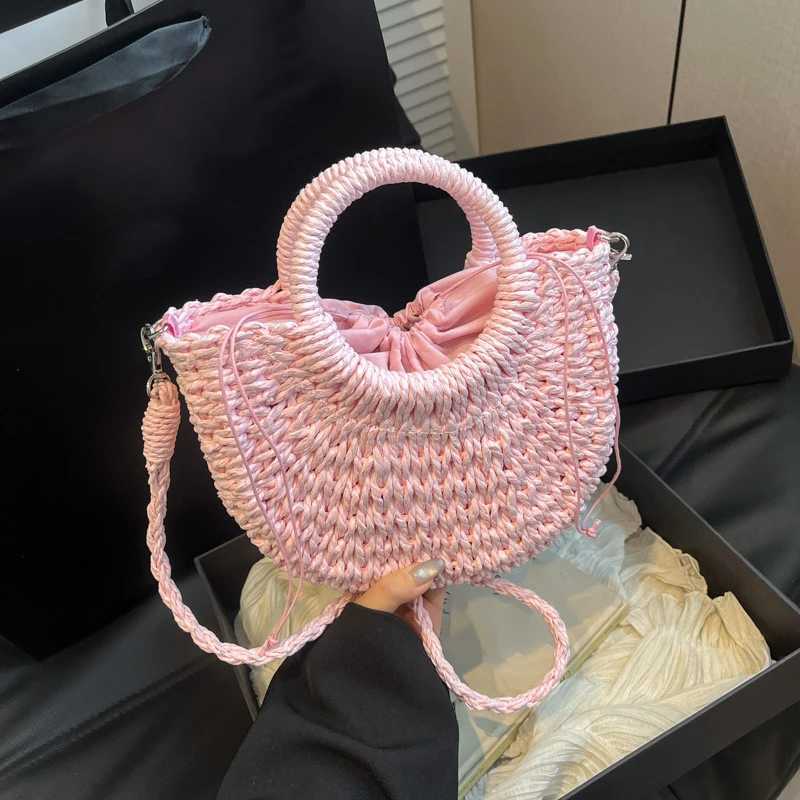 Orange Str Bag Women Rattan Hand-Woven Handbag Small Half Moon Design Shoulder Crossbody Bag Lady Fashion Beach Bag Y250603