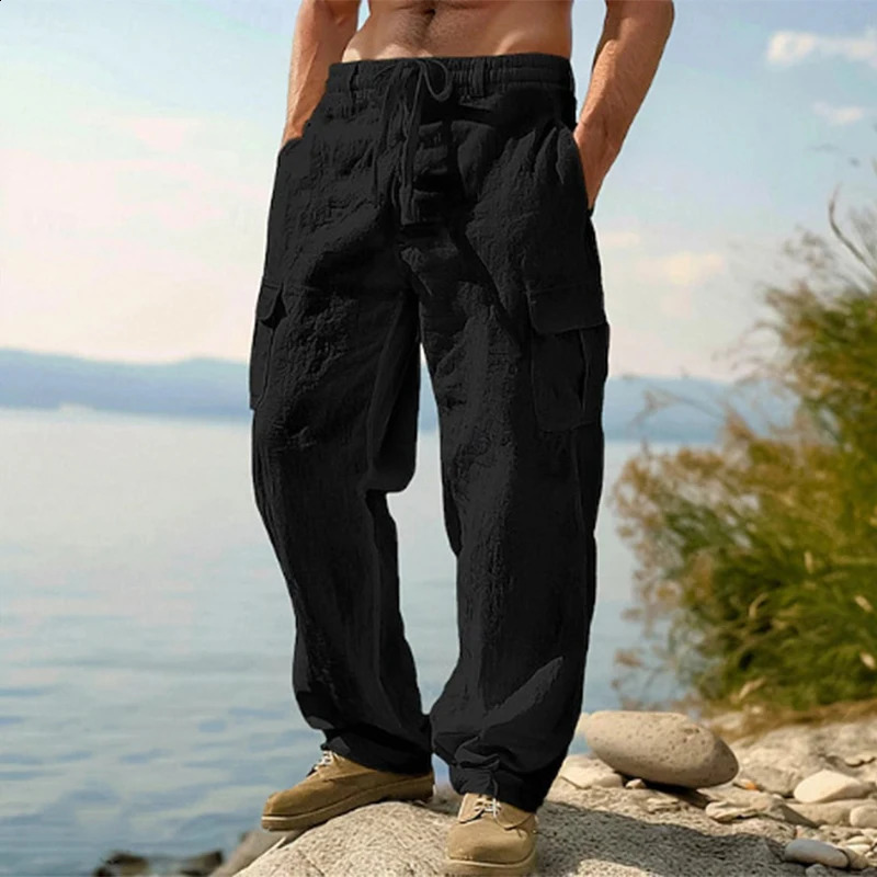 Multi Pockets Patchwork Mens Cargo Pants Summer Trendy Solid Color Loose Linen Trousers Men Vacation Beach Casual Trousers 250528