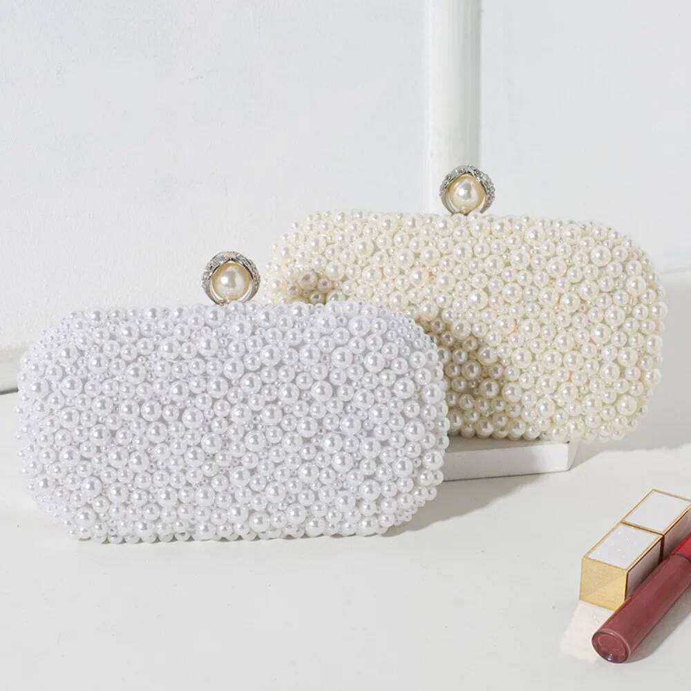 Simple and New Fashionable Women's Inlaid with Large Pearls, Handmade Bead Embroidered Bag, Hand-held Temperament Pearls, Bag,