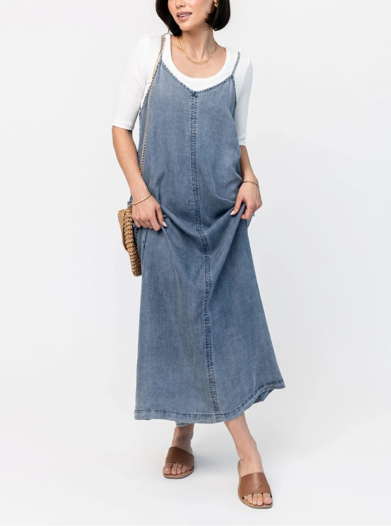 women's wear 2025 New Simple Thin Loose Long Solid Color Washed Strap Casual Denim Dress