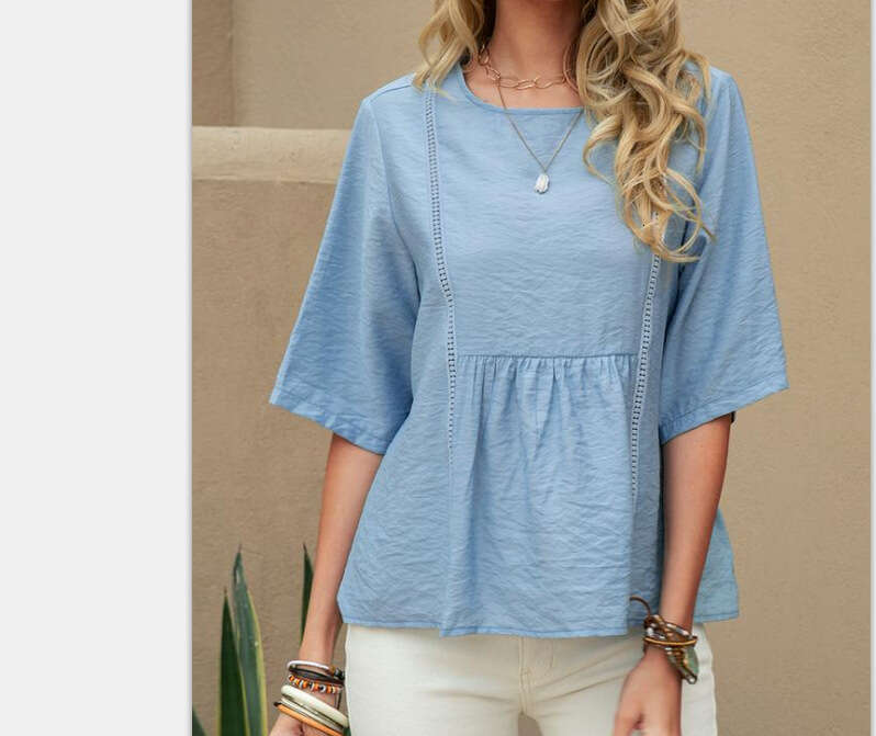 Spring Summer Temu Lace Hollow Out Women's Cotton Linen Casual Solid Color Mid-Sleeve Shirt B5 b6