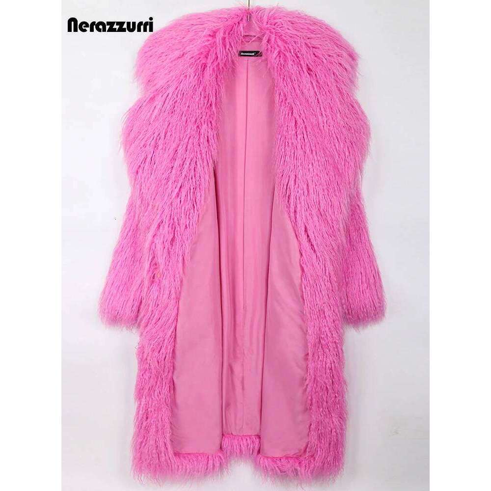 Nerazzurri Winter Long Bright Pink Oversized Shaggy Hairy Soft Fluffy Thick Warm Faux Fur Coat Women Lapel Runway Cute Fashion
