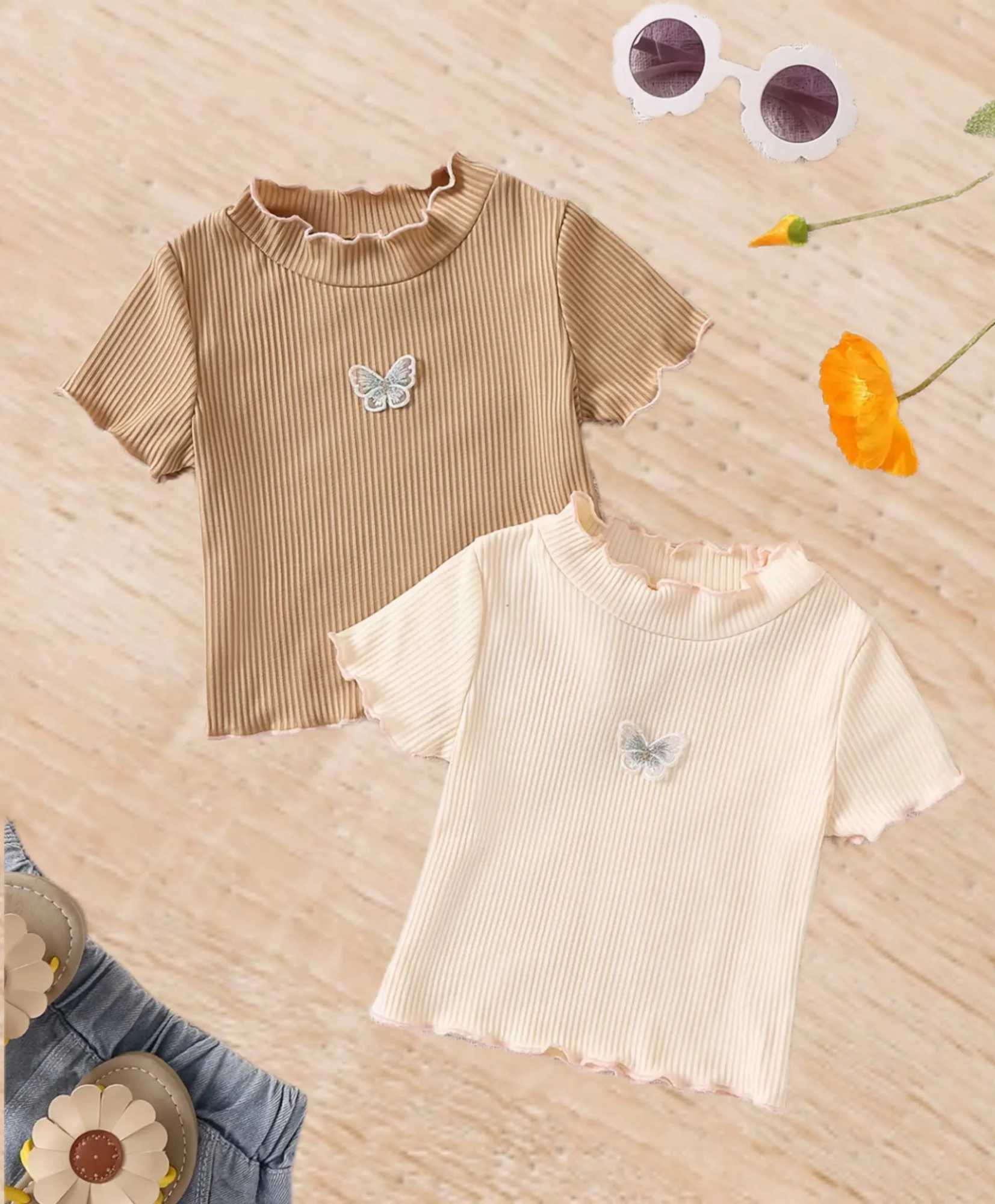 Cute summer short sleeve T-shirt with pit strip breathable comfortable skin-friendly lace collar butterfly print fashion loose for girls T250603