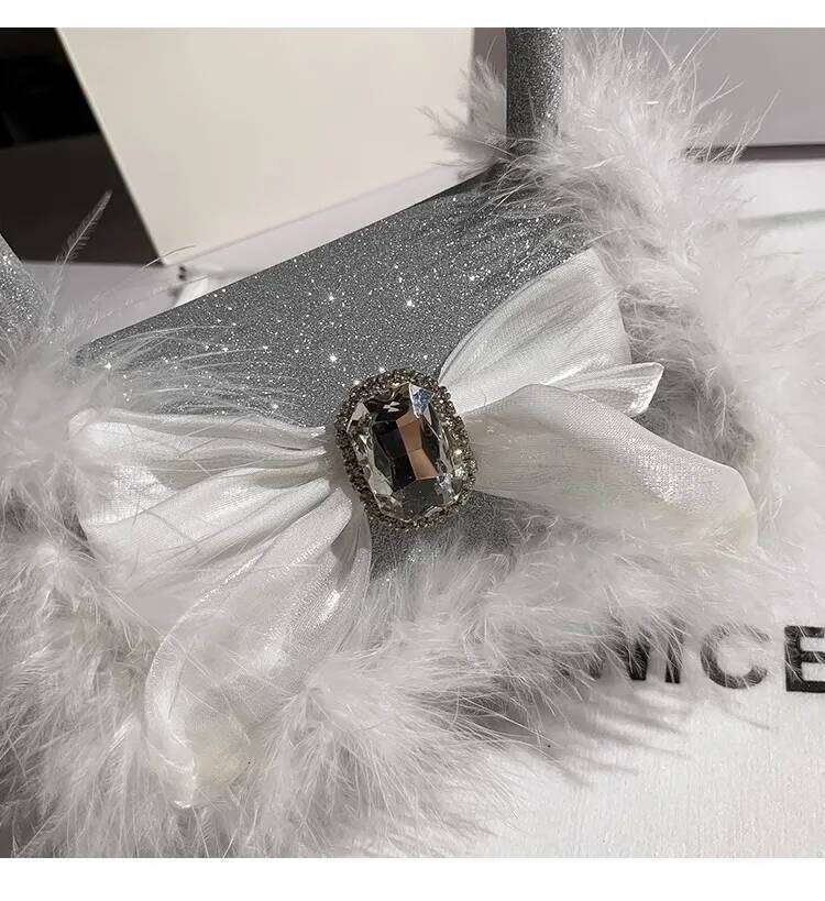 Glitter Shiny Dias Evening Fashion Ostrich Hair Square Women's Handbag Wedding Party Clutch Purse Crossbody Bag