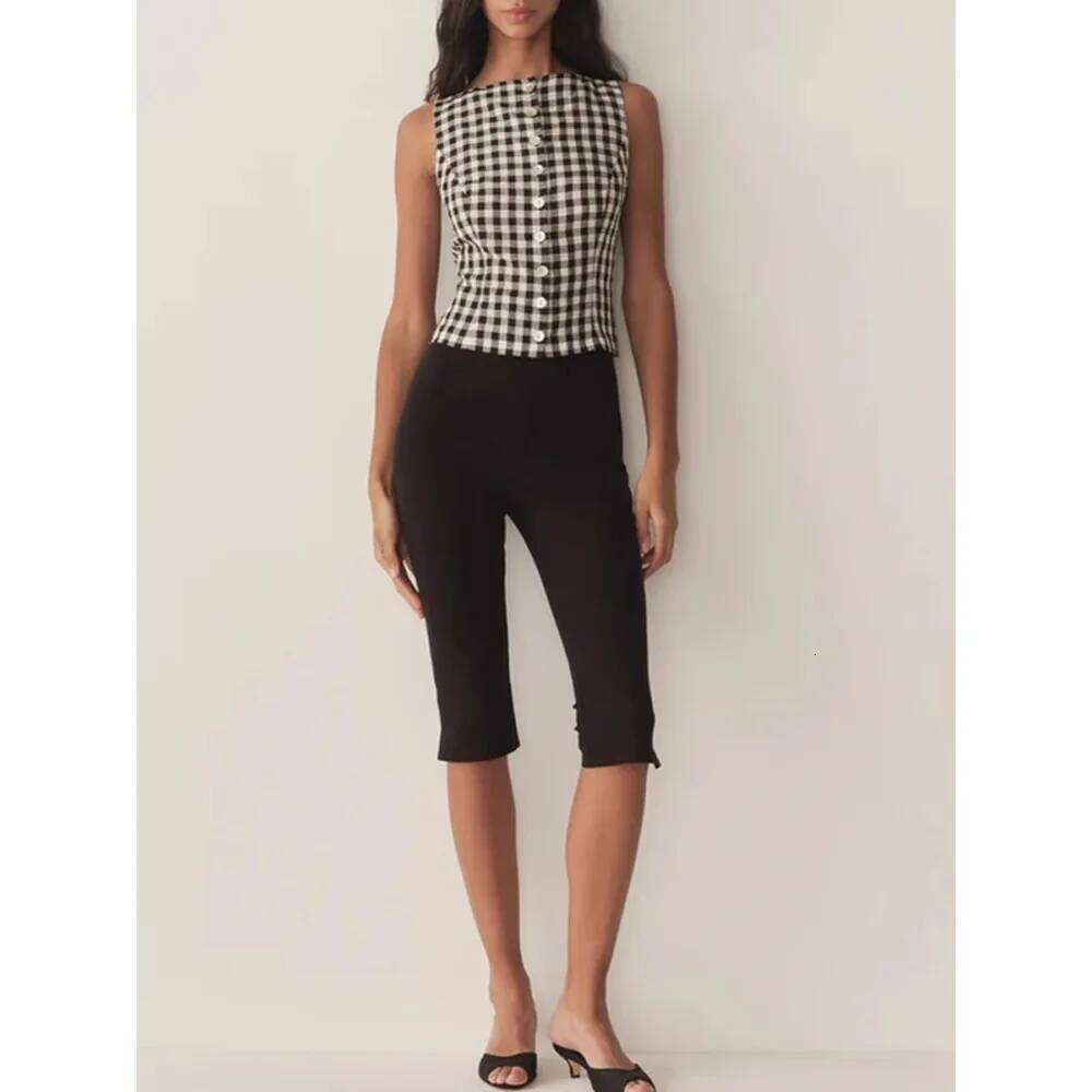 French Retro Atmosphere Plaid Versatile Slim Holiday Style Vest Top